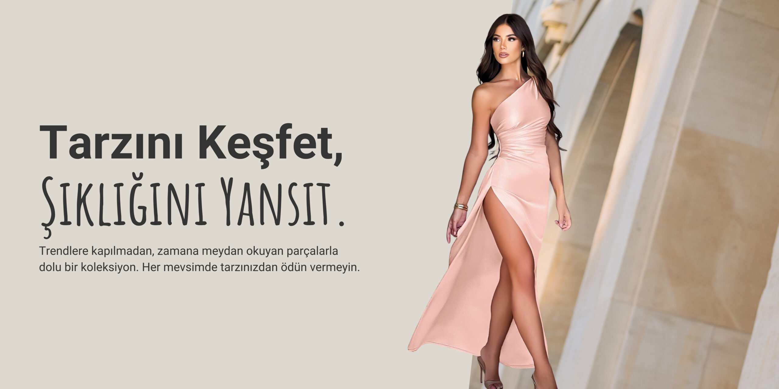 bej minimalist moda giyim kampanyası yatay banner